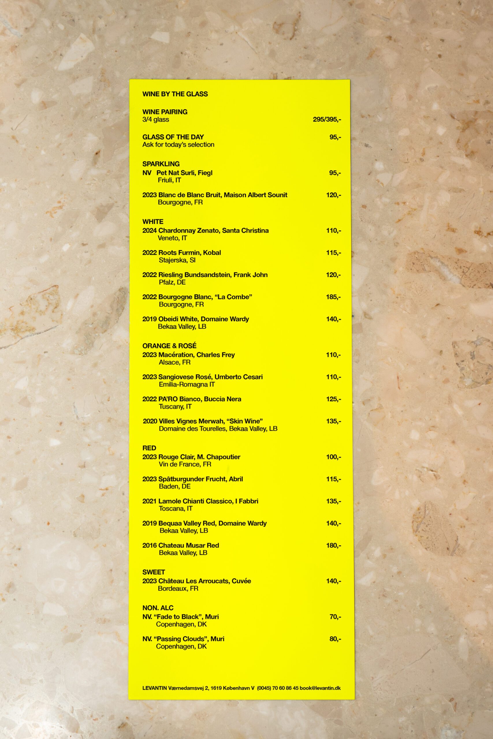 wine menu at Levantin, middle eastern bistro in Copenhagen.