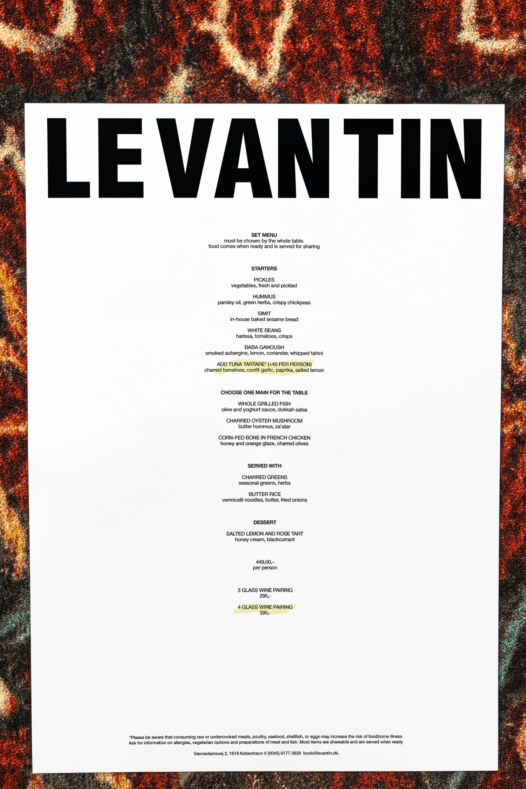 Set menu at Levantin, middle eastern bistro in Copenhagen.